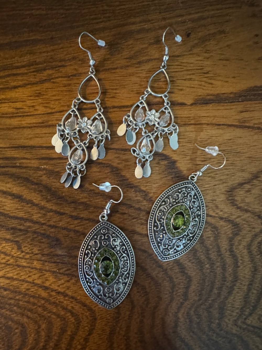 2 pair of earrings Silver-Tone Green Gem Filigree Drop Earrings - Women Jewelry